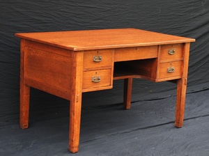 Vintage L & J G Stickley 5 drawer paneled desk with thru tenons original hammered copper hardware and splined top